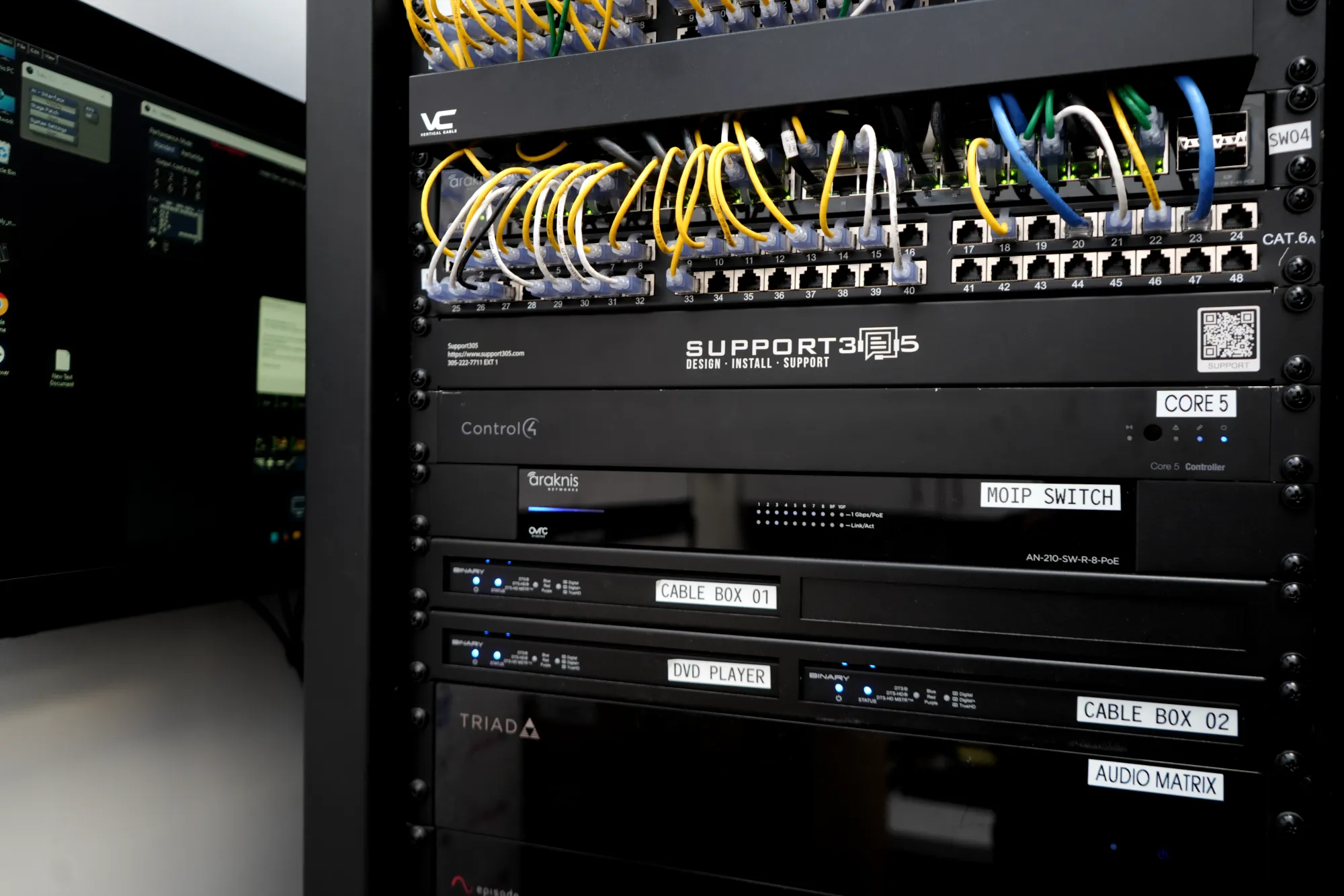 Labeled network rack built by DIST